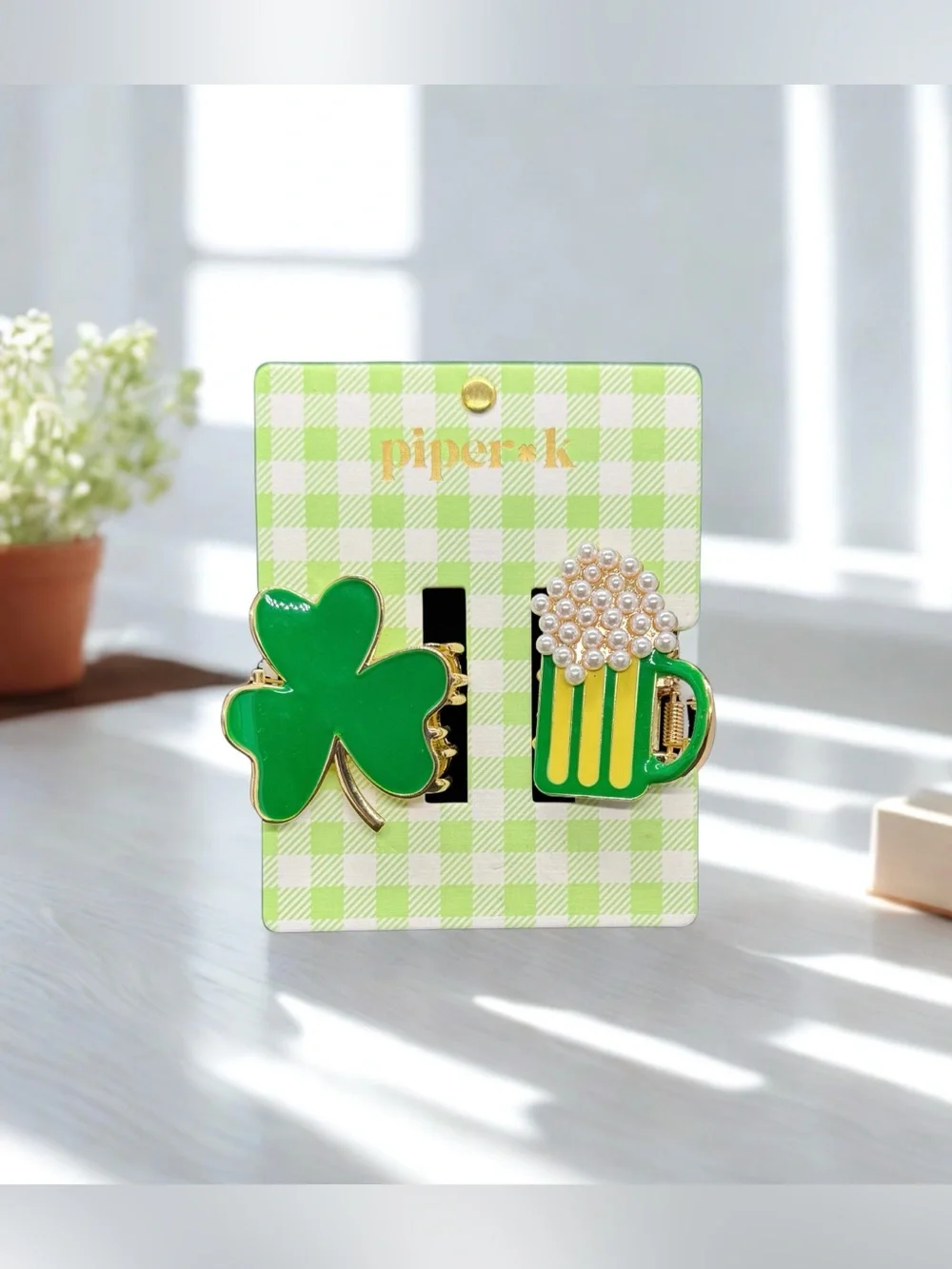 ☘️PIPER K☘️Green Shamrock & Beer Mug Hair Clip Set